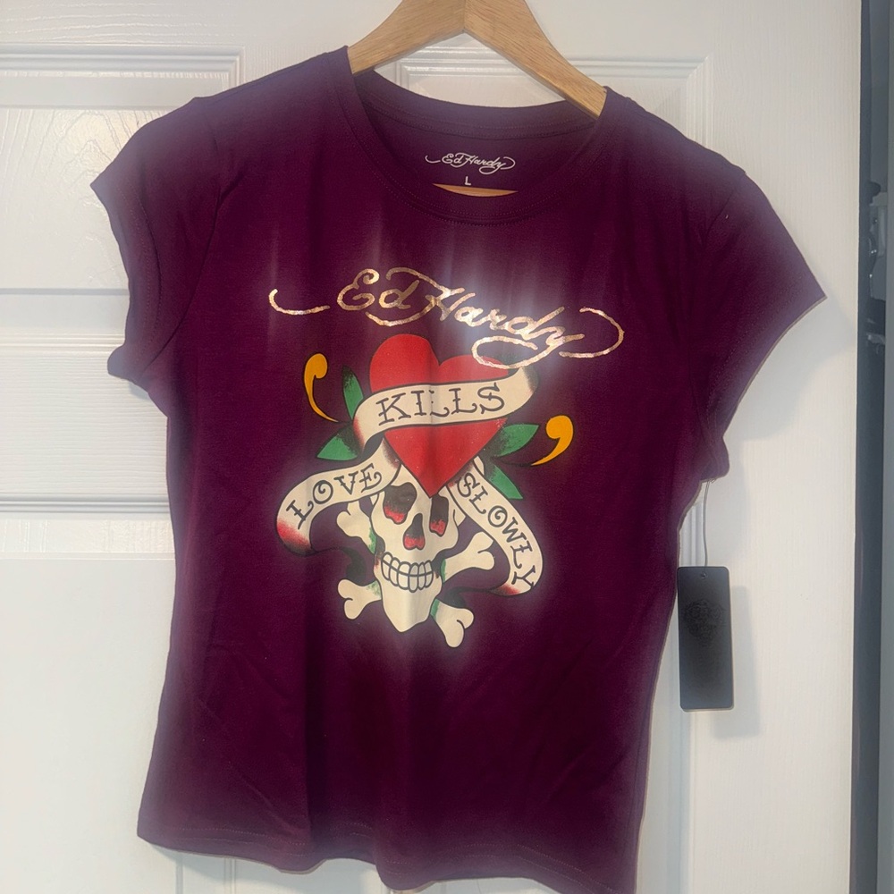 Ed Hardy Maroon baby tee with Gold Script